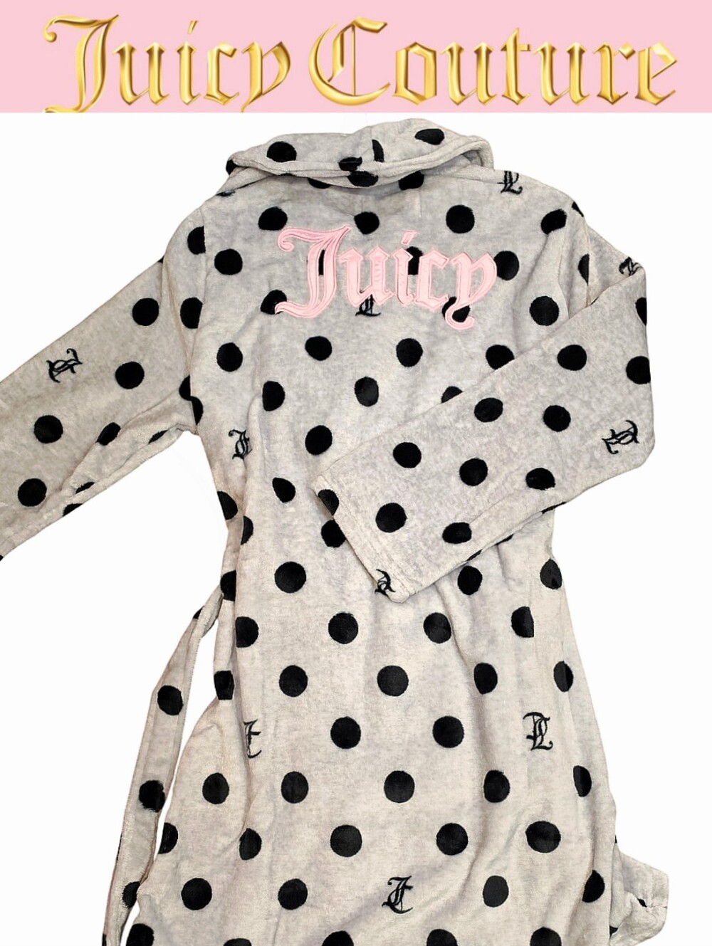 Juicy Couture Polka Dot Embrodried Pink Logo Collared Robe